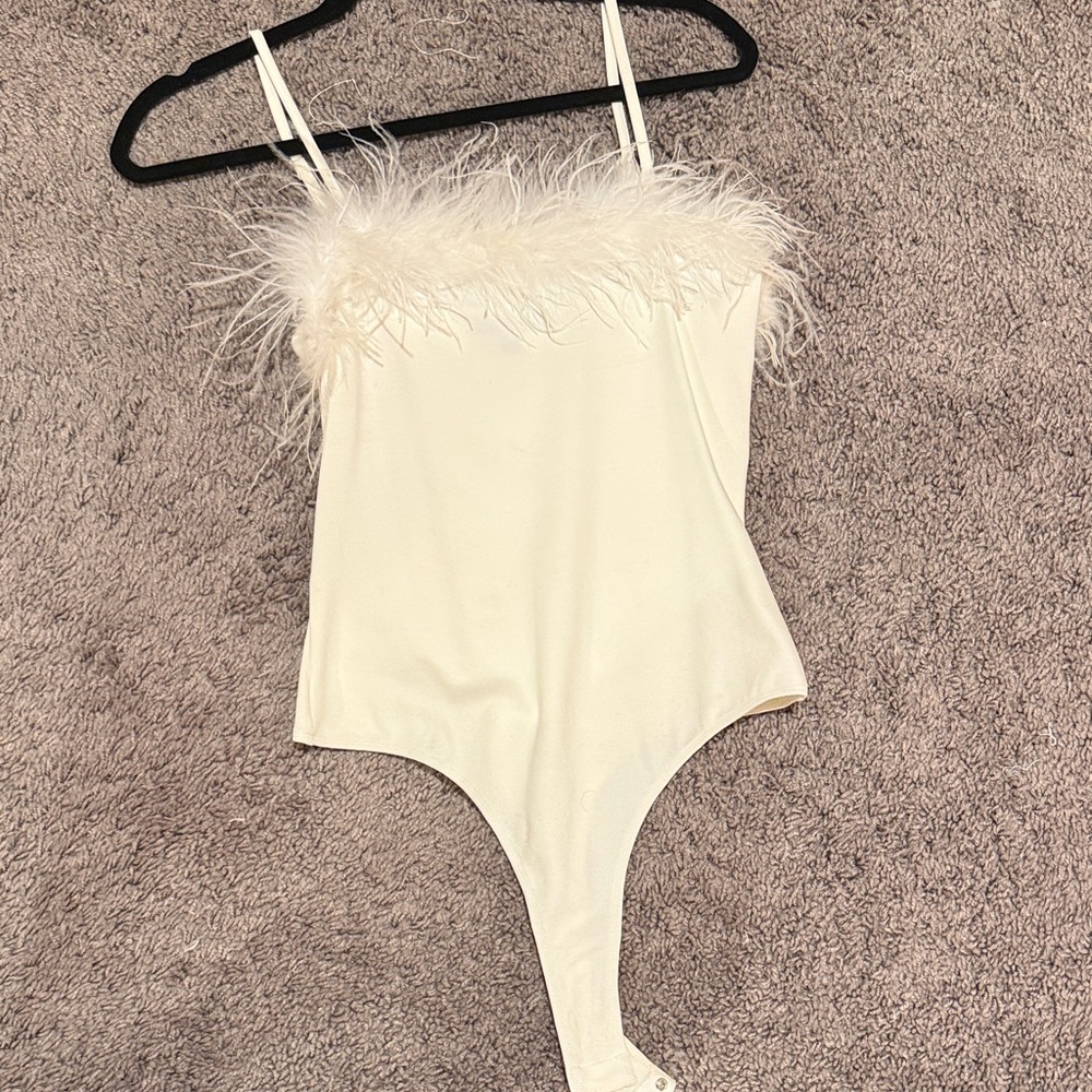White Feather Trim Bodysuit